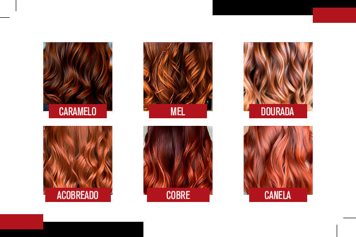 imagem mostra os tipos de cores de cabelo de morena iluminada: caramelo, mel, dourado, acobreado, cobre e canela.